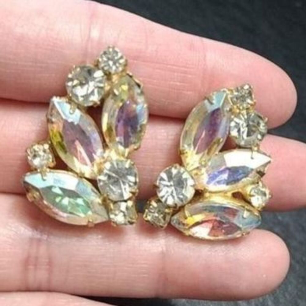 Vintage Aurora Borealis Rhinestone Clip On Earrings Gold Tone